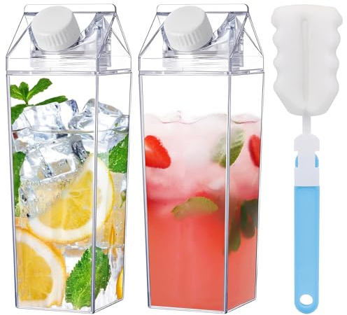 YunJoyous Pack of 2 Milk Carton Water Bottles, 1000 ml Transparent Square Plastic Milk Box, Robust and Durable, Sealing, Portable Juice Container, Easy to Clean, for Picnics, Camping