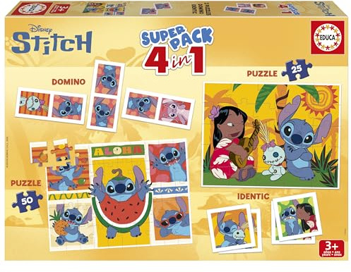 Educa - Stitch 4-in-1 Superpack | 2 Puzzles 25 und 50 Teile, Memo-Spiel 28 Karten, Domino 28 Steine | Disney Lernspielzeug Kinder ab 3 Jahren | Offiziell lizenziert (20474)
