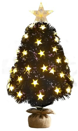 Home Republic Pre-Lit Black Fibre-Optic Christmas Tree with Star Lights & LED Effects – Easy Assembly, Hinged Branches, Foldable Stand, Plug-in Design - 3ft