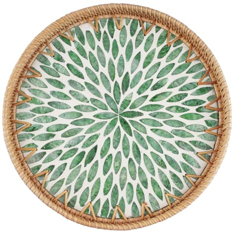 hocadon Rattan Serviertablett Rund Dekotablett 30CM Rundes Tablett | Mosaik Tablett Rund Handgewebtes Serviertablett für Küche, Couchtisch, Wohnzimmer, Bad, Schlafzimmer