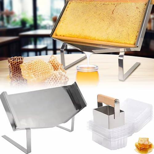 Honigwabenständer,Waben-Rahmen-Displayständer,Edelstahl Honig-Honig-Unklapphalter,mit Wabenschneider,10 Stück Plastikbox, Verstellbare Beinhöhe,für Bienenzuchtrestaurants Bäckereien Cafés