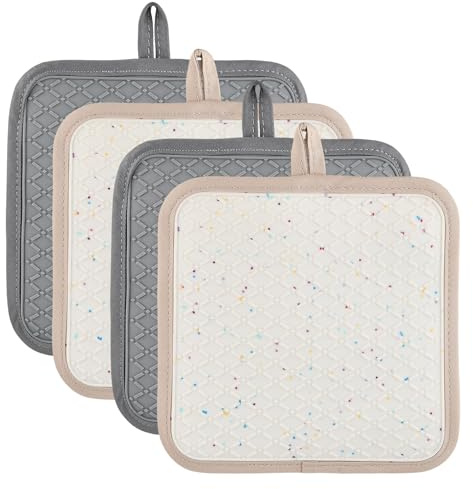 4 pezzi presine da cucina 2 in 1, 20×20×0.3 cm presine silicone da cucina Con sacchetto di cotone spesso Resistente a temperature da -40 a 230 °C per cucinare e cuocere al forno, Grigio e beige