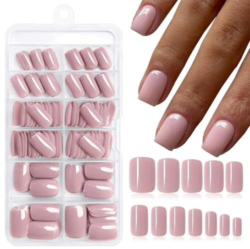 TESGADGETS 240 piezas de uñas postizas cortas color piel con tiras adhesivas, uñas acrílicas cuadradas