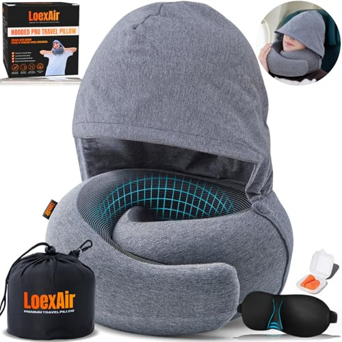 LOEXAIR® Hooded Pro Nackenkissen Flugzeug, Reisekissen aus Memory-Schaum mit Kapuze für Flugzeug, Reise & Auto, 100% Baumwolle, Maximale Privatsphäre & Lichtschutz, leichtes Reiseset - Hellgrau
