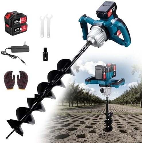 IDAMAKON Professional Akku-Erdbohrer mit 2X 4000mAh Akku, 1200W Bürstenloser Elektrischer Erdlochbohrer Passend für Ø 4cm bis Ø 30cm Erdbohrer für Zaunbau Garten Mörtelrührer, mit a 14 x 80cm Bohrer
