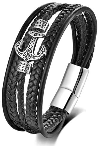 EMEM Herren Lederarmband Mehrreihig mit Anker Geflochtenes Microfaser Leder Edelstahl Magnetverschluss Schwarz 21 cm / 23 cm gm310