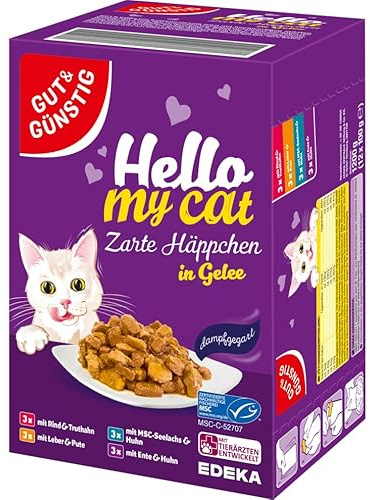 Gut & Günstig Katzenfutter Hello My Cat Zarte Häppchen 12 x 100g Lila Nassfutter für Katzen Großpackung (1 x 1.200g)