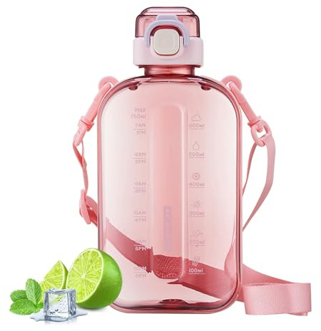 Shyllin Flache Wasserflasche, Trinkflasche Gym, Trinkflasche Sport 750ml mit Gurt Bpa Frei, Wasserflasche Schwarz (Rosa)