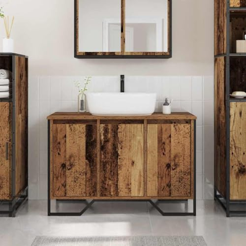 LoogCape Armario para debajo del lavabo de madera antigua, 91 x 35 x 60 cm, armario para lavabo con cajón, independiente para muebles de baño
