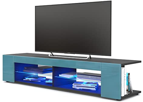Vladon Lowboard Movie, TV-Kommode mit 4 offenen Fächern und Zierleisten, Schwarz matt/Petrol Hochglanz, inkl. LED-Beleuchtung blau (134 x 29 x 39 cm)