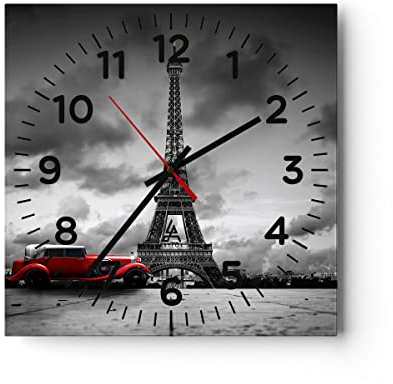 Modern Wanduhr Auto Eiffle Paris Stadt 40x40cm Quadrat Groß Wand Uhr Glas Analog Zimmeruhren Küche Büro Wohnzimmer Glasuhr Wall Clock Dekoration Design Wanddekoration Küchenuhr C4AC40x40-2828