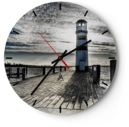 Modern Wanduhr See Leuchtturm Holzbrücke Wasser 40x40cm Rund Groß Wand Uhr Glas Analog Zimmeruhren Küche Büro Wohnzimmer Glasuhr Wall Clock Dekoration Design Wanddekoration Küchenuhr C3AR40x40-0330