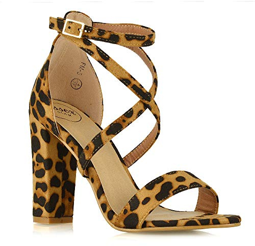 ESSEX GLAM Womens Ankle Strap Block Heel Sandals Ladies Strappy Buckle Prom Party Shoes Size 3-8 (UK 3 / EU 36 / US 5, Leopard Faux Suede)
