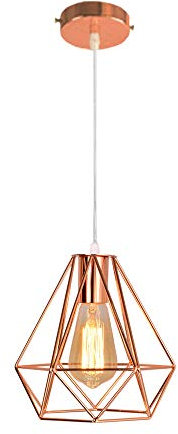 Lampadario Vintage Paralume Metallo Gabbia a Forma, Edison E27 Industria Diamante Lampade a Sospensione in Oro Rosa, Altezza Regolabile