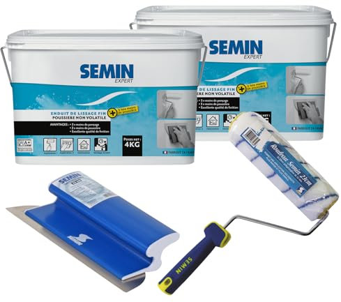 Semin A08030 Enduit de Lissage pour Finition des Murs, 3 Fois Moins de Ponçage et Poussière, Intérieur, Seau de 4 kg (Lot 2), A06723 Rouleau, 23 cm et A06319 Lame pour Enduire et Lisser, 25 cm