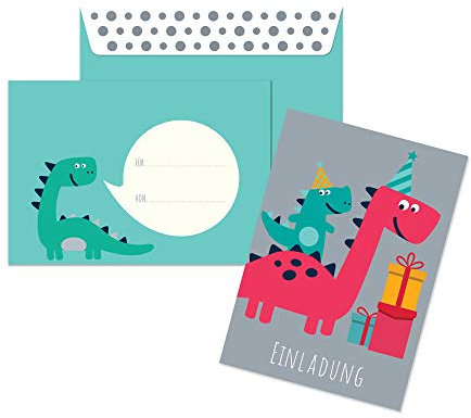 Friendly Fox Dino Einladung T-Rex, 12 Einladungskarten Dinosaurier Geburtstag, Kinder Geburtstagseinladung Dino Party, DIN A6 Einladung mit Umschlag