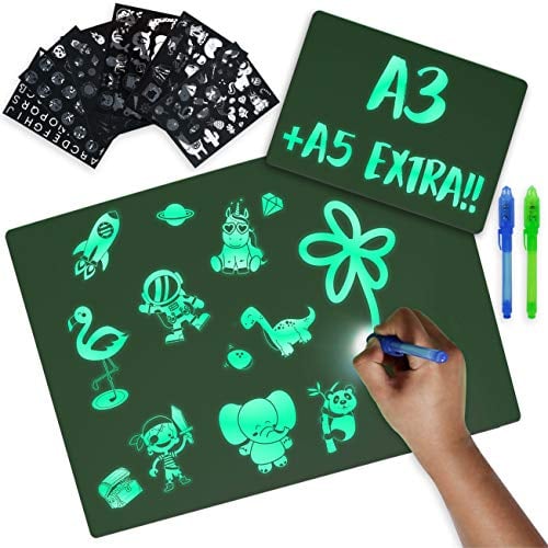 Maltafel Leuchtend A3 und A5, 6 Schablonen 2 UV Stift - BONNYCO | Jungen und Mädchen Geschenke 3 4 5 6 7 8 9 10 Jahre | Maltafel Zaubertafel Kinder Spielzeug Geburtstag Weihnachten | Magic Drawing Pad