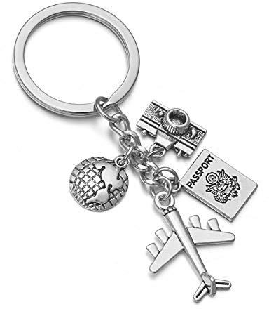 JSDDE Unique Alloy Keychain Silver Keyring with Plane Passport Camera Earth Charm