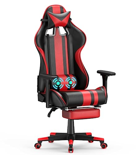 Soontrans Silla Gaming, con Vibración Masaje Zona Lumbar & Reposapies & Soporte de Cabeza, Silla Gaming con Masajeador para Xbox Livestreaming (Rojo)