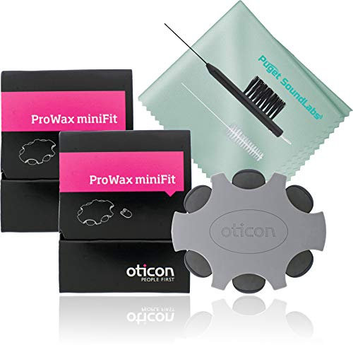 Oticon Prowax Minifit Replacement Wax Filters for Hearing Aids Bundled with Puget SoundLabs Hearing Aid Brush for Wax Guards, Vent Cleaning Tool, Microfiber Cleaning Cloth Kit (2 Pack)