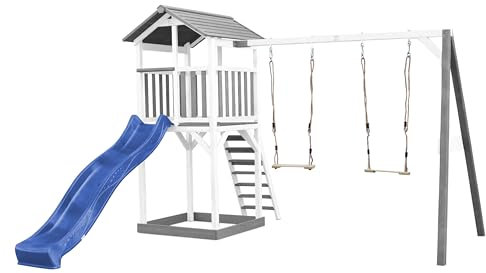 AXI Beach Tower Aire de Jeux avec Toboggan en Bleu, 2 Balançoires & Bac à Sable | Grande Maison Enfant extérieur en Gris & Blanc | Cabane de Jeu en Bois FSC
