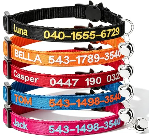 Collare personalizzato per gatti Breakaway personalizzato con campana, fibbia a scatto di sicurezza, nome identificativo ricamato sul colletto per gattini multicolore