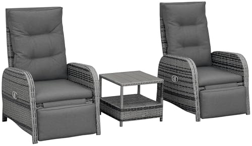 Outsunny 3 Pieces Rattan Bistro Set with Reclining Sun Loungers, Mixed Grey