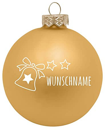 Deitert Weihnachtskugel mit Wunschtext Gravur, Ø 8cm, personalisierte Christbaumkugel aus Glas (matt), Individueller Weihnachtsbaumschmuck Namen oder Spruch, Glocke-Motiv, Gold