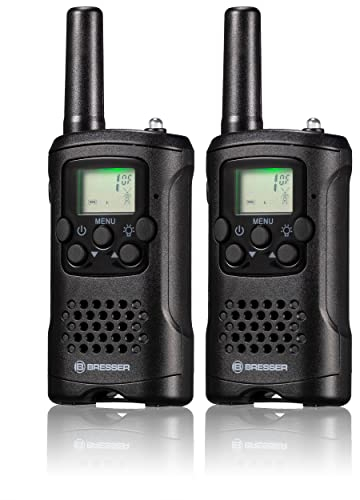 Bresser FM Walkie Talkie 2er Set mit hoher Reichweite bis zu 6 km, integrierter Taschenlampe und Frei-Hand-Funktion, Schwarz, Deutsch