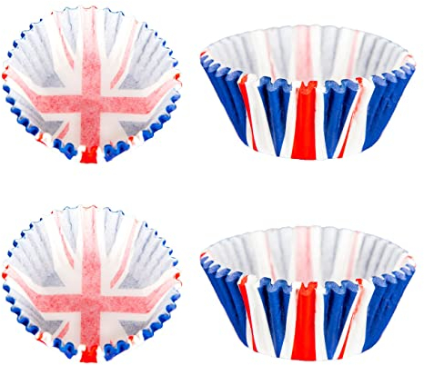 SHATCHI 50pcs Union Jack Paper Cupcake Cases Baking Cups Muffin Cake Great Britain King Charles III Coronation Table Food Decorations, Red, White, Blue, SHATCHI