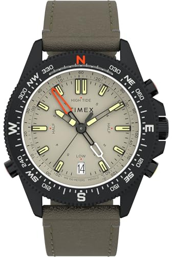 Timex Expedition North Herren-Armbanduhr, 43 mm, grünes, zweiteiliges Lederarmband Ecco DriTan™ mit Schnellverschluss, beiges Zifferblatt, schwarzes IP-Gehäuse TW2V21800