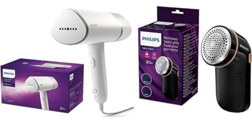 Philips Handheld Steamer 3000 Series, Compact and Foldable, 1000W, up to 20g/min, STH3020/16, White & Philips Fabric Shaver, quick and effective removal of pills and bobbles,Black - GC026/80