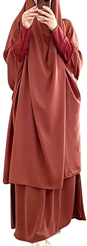 IWEMEK Abaya Muslim Damen Muslimische Kleider Gebetskleidung Frauen Jilbab Khimar Kaftan Kleid Voller Länge Hijab + Rock 2 Teilig Set Islamischer Afghanische Dubai Türkei Ramadan Orange Einheitsgröße