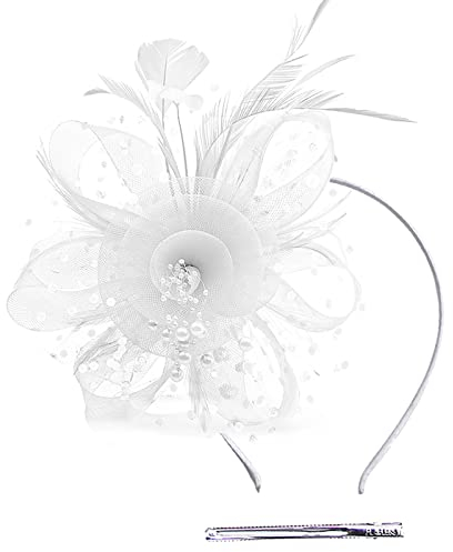 Weiß Fascinator Hut Blume Mesh Federn Haarschmuck Haar Clip Stirnband Tea Party Hochzeit Derby Cocktail Kopfbedeckung Headwear für Damen Mädchen