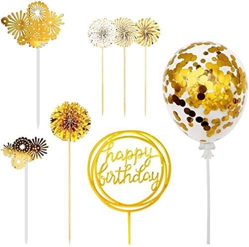 JORCEDI 8 Pcs Gold Happy Birthday Paper Fans Banner Confetti Balloon Cake Topper For Birthday Party Wedding Baby Shower Party Decorations