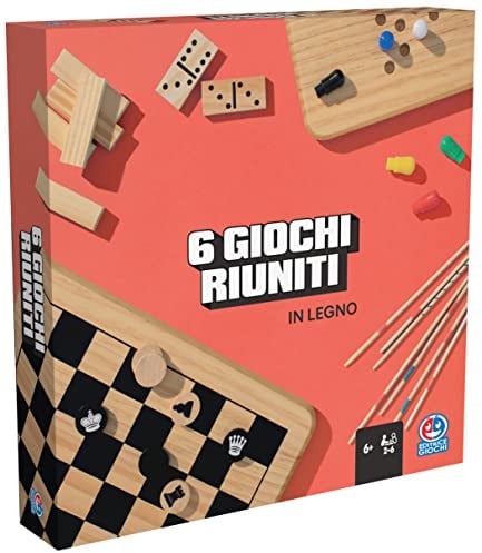 Editrice Giochi, Giochi da Tavolo Classici, Set di 6 giochi da tavolo in legno, Scacchi, Dama, Dama Cinese, Domino, Torre in Legno, Shangai, dai 6 anni in su