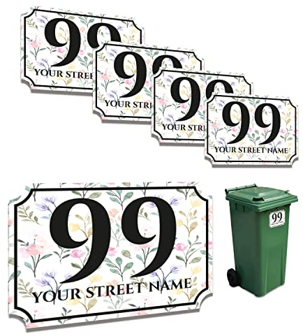 Concept Graphics 4x Custom Personalised Floral House Numbers & Street Name Vinyl Decal Stickers for Wheelie Bins