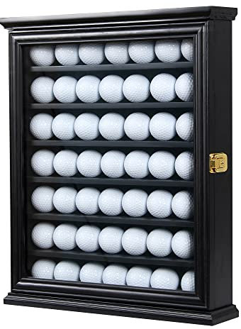 Vitrine murale en bois massif pour 49 balles de golf avec porte en verre véritable verrouillable pour les amateurs de golf, finition noire