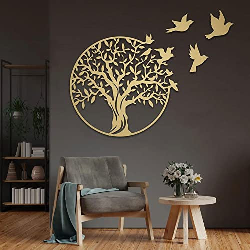 19.2IN/49CM Décoration murale en métal Arbre de vie, arbre de vie et 3 oiseaux ronde, pour chambre, jardin extérieur,D'or,49CM