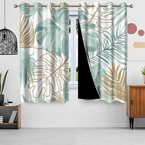 Gardinen Palmenblätter, Uiiooazy Vorhang Tropische Pflanzen Grün Gold Monstera Blatt Blickdicht Vorhänge Polyester Gardinen mit Ösen Verdunklungsvorhänge für Wohnzimmer Schlazimmer, 2 Stück, 140x225cm
