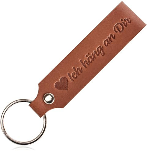 com-four® Schlüsselanhänger aus Leder mit Ring - Echt-Lederanhänger mit geprägter Aufschrift und Schlüsselring - Lederband für den Schlüsselbund - individueller Schlüsselbundanhänger (Ich häng an Dir)