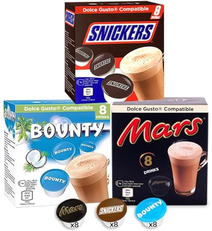 Mars, Snickers and Bounty Hot Chocolate Capsules compatible with Dolce Gusto coffee machine - 24 Hot Chocolate Capsules