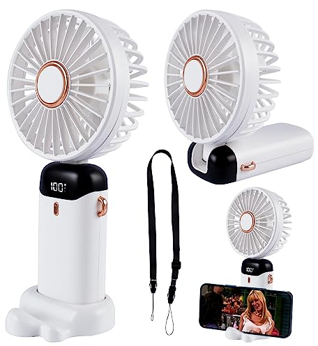 Handventilator,Tragbarer Mini Ventilator,Wiederaufladbarer Mini Ventilator USB Tischventilator Mit 5 Windgeschwindigkeiten,um 90 ° Verstellbarer Faltbarer Ventilator mit Lanyard und Basis (Weiß)