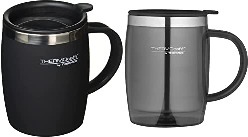 ThermoCafé by Thermos 105102 Desk Mug, Stainless Steel/Plastic, Soft Touch Black, 14 x 9 x 12 cm, 1 Count (Pack of 1) & Thermos ThermoCafe Translucent Desk Mug, Gun Metal, 450 ml