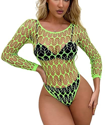 Bommi Fairy Women's Leafnet Bodysuit Fishnet One Piece Sexy Bodycon Sheer See Through Teddy Bodysuit Body Tops Mesh Chemise Babydoll (Fluorescent Green)