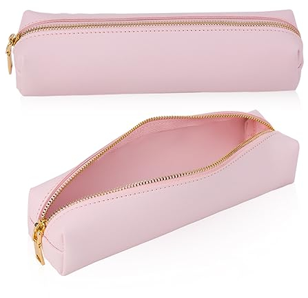 Oyachic Pencil Case PU Leather Cosmetic Makeup Bag Work Small Pen Pouch Zipper Storage Box Adults Desk Organizer Pens,Pencils,Markers (Pink)