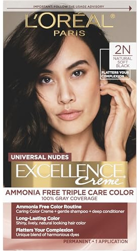 L’Oreal Paris Excellence Universal Nudes Permanent Hair Color, Ammonia Free Hair Dye for Gray Hair Coverage, 2N Natural Soft Black, 1 Hair Dye Kit