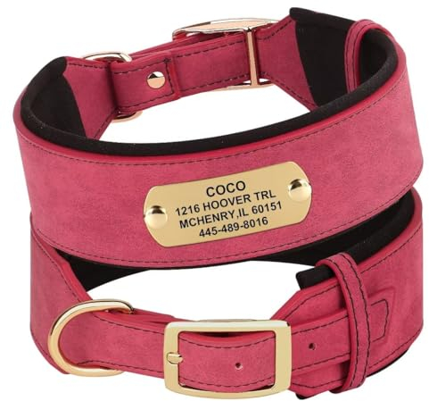 PET ARTIST Customized Padded Leather Dog Collar with Nameplate for Medium Large Dogs - Red Dog Collar Personalized with Name, Phone, and Address