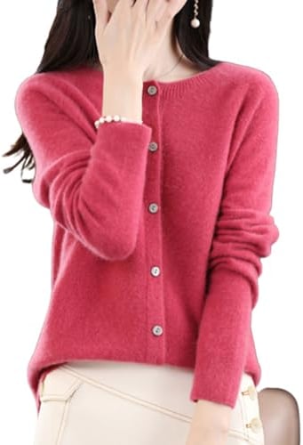 TeysHa Maglione Cardigan in Cashmere da Donna, Maglione Cardigan a Maniche Lunghe Abbottonato Girocollo in Lana (Large,Raspberry Red)