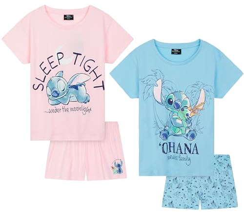 Disney Ensemble Pyjama Femme, T-Shirt et Short Femme, Lot de 2 - Cadeau Stitch (Rose/Bleu, L)